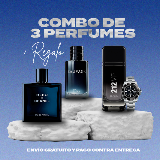 Combo de 3 Perfumes |212 VIP BLACK, BLEU DE CHANEL, SAUVAGE| + Reloj Submariner